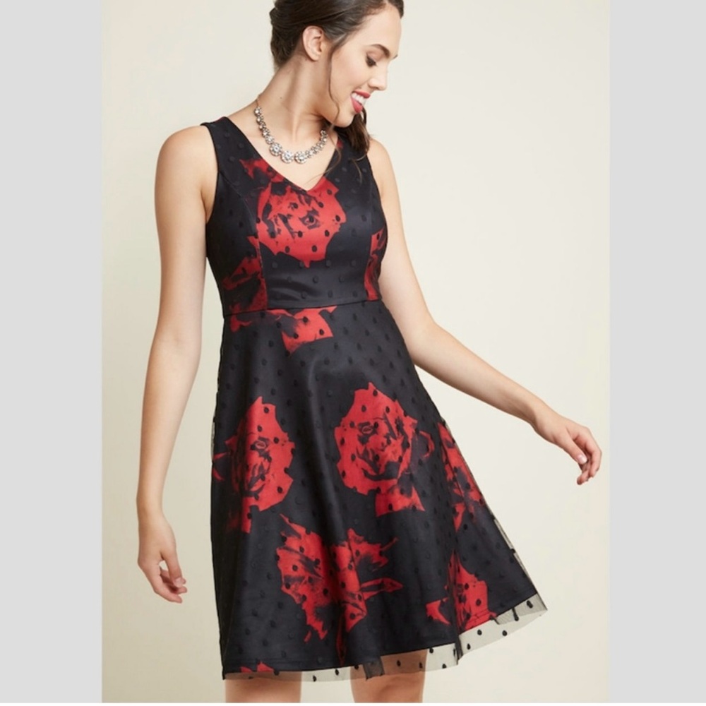 Liza Luxe A-Line V-Neck Fit & Flare dress black red floral pattern Size S